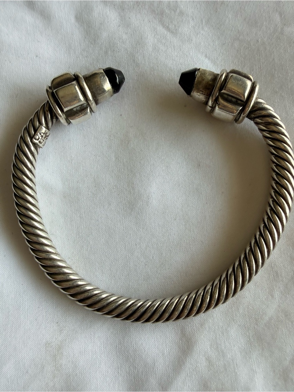 Vntg Mexican Silver Rope Twist Cable Cuff with Black Onyx Tips